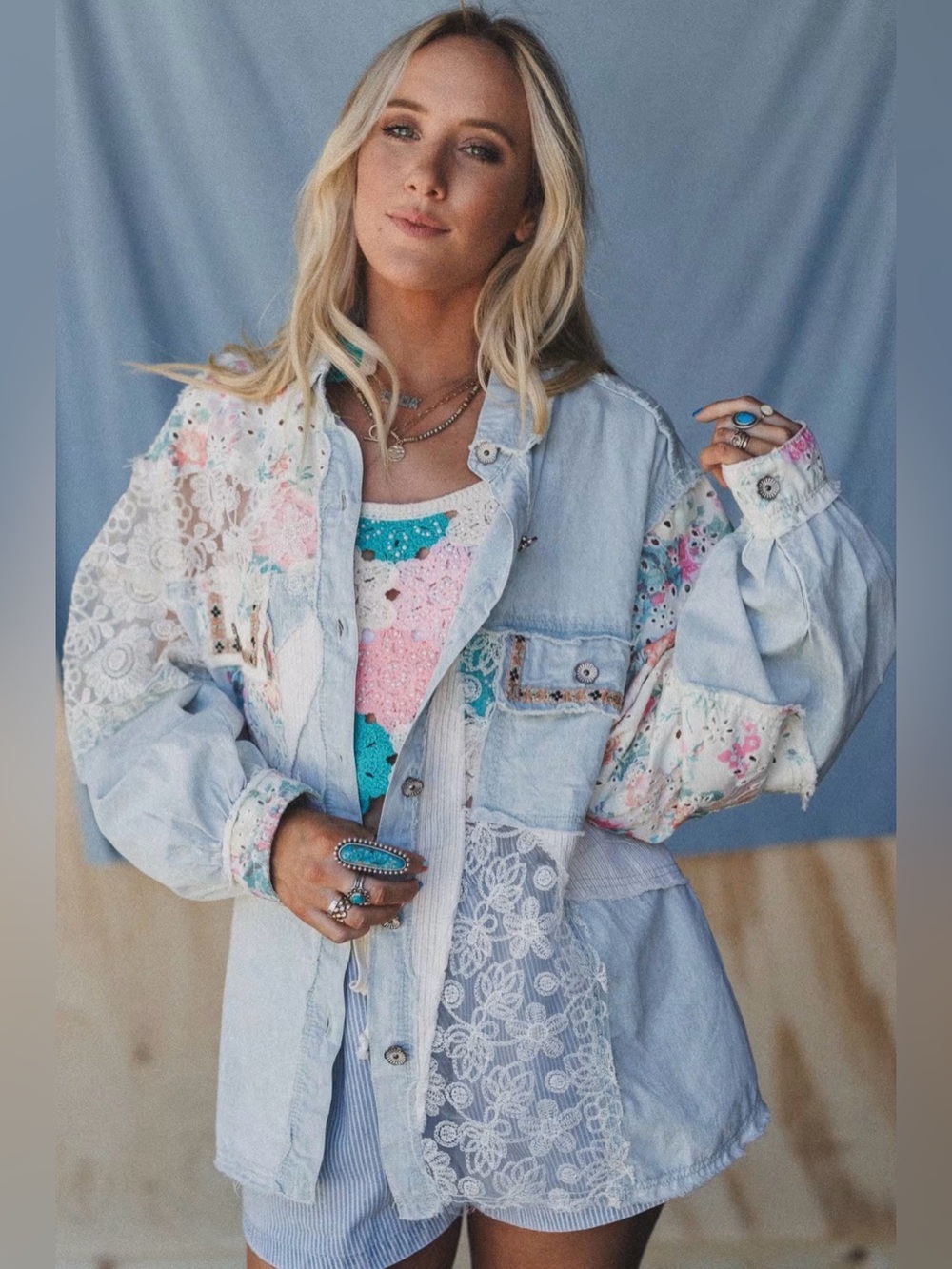 Boho Lace Patchwork Light Wash Denim Jacket - White/Blue by POL NWOT
